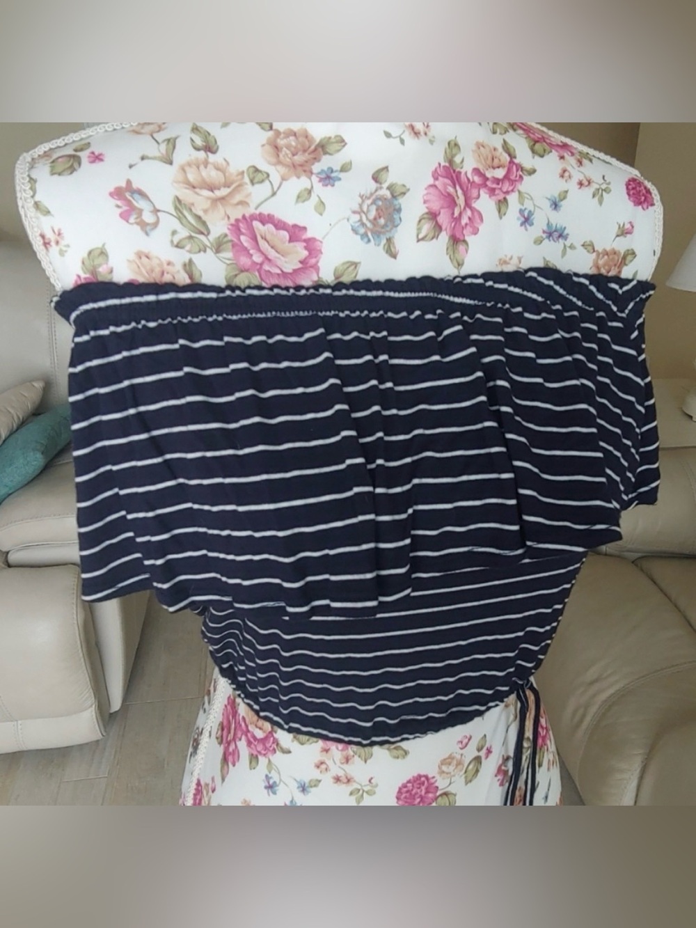 Abercrombie & Fitch Navy and White Striped Off-Shoulder Crop Top